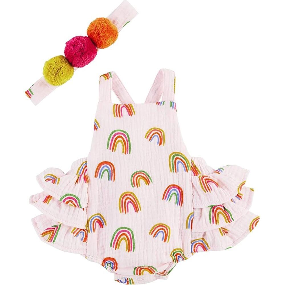 Mude Pie Baby Girls Pink Rainbow Ruffle Bubble & Headband Set Outfit 0-3m